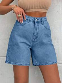 EURMUSE 100%Cotton LIGHT WASH HIGH WAIST SHORT - Blue - View 5