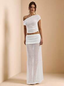 SHEIN BAE Conjunto de 2 piezas para mujer compuesto por top de encaje de red textura de ganchillo de color bliso sólido y falda larga transparente de cintura baja, adecuado para playa, vestido de verano, vestido blanco, vestido para brunch, vestido elegante - Albaricoque - Ver 1