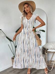 SHEIN LUNE V领荷叶边条纹扎染荷叶袖荷叶边下摆A字连衣裙，女士休闲度假连衣裙，适合外出穿着 - 彩色 - 查看 5