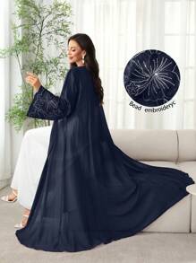 SHEIN Najma Spring/Summer Lightweight Open Front Abaya Jacket With Embroidered Floral Trim On Cuffs And Placket - Navy Blue - View 1