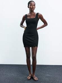 Maija 2025秋季音乐节女士方领粗肩带刺绣下摆修身黑色迷你连衣裙，适合优雅派对、婚礼嘉宾、生日、商务休闲 - 黑色 - 查看 2