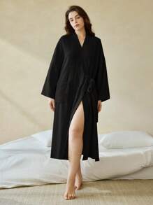 Ocili 休闲舒适纯棉双层绉纱柔软系带腰身加大码睡袍，温暖舒适，秋冬必备 - 黑色 - 查看 6