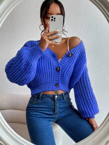 EURMUSE Women's Solid Color Drop Shoulder Long Sleeve Single-Breasted Casual Loose Cardigan - Royal Blue - View 5