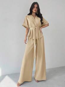 Firerie 女士优雅休闲度假通勤V领宽松收腰衬衫上衣搭配高腰阔腿裤2件套，适合春夏秋季休闲通勤套装宽松套装通勤优雅母亲节教师节工作装 - 卡其色 - 查看 5