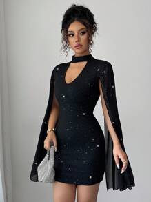 Elenzga Elegant Glitter Hollow-Out Cape Sleeve Fitted Mini Dress Fall Cloth For Women