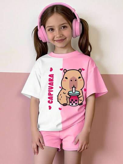 SHEIN Camiseta básica de manga corta con cuello redondo para niñas pequeñas con estampado de dibujos animados lindos de capibaras en rosa y blanco, prendas de vestir informales y de moda para niñas pequeñas