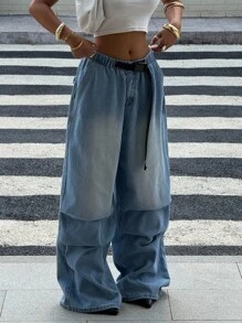 Muchica 女士背包扣腰带褶皱阔腿宽松牛仔裤 - 藍色 - 查看 4