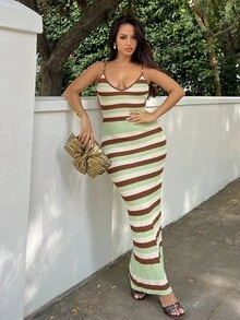 NegzBox Women's Spring/Summer New Knitted Crochet Crossed Backless Striped Bohemian Dress, Elegant Vacation Dress Summer Outfits For Women Ave Outfits Festival Rave Festival  Rave Outfits Festival Outfits For Women Country Concert Outfit Festival Outfits Sundress Western Clothes For Women Summer Dresses For Women Dresses For Women Summer Outfits For Women Vacation Boho - Multicolor - View 5