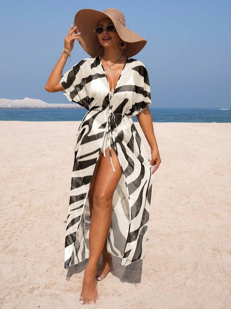 Breezaya Women's Summer Vacation Zebra Print Sheer Long Kimono