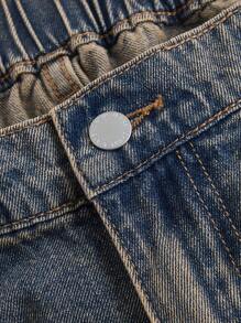 SHEIN CURVE+ 大码复古蓝色牛仔裤高腰阔腿裤Y2K复古穿舒适松紧腰秋季新品女装秋装 - 深色水洗藍 - 查看 7