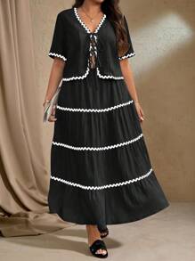 Roveilla 大码波西米亚风休闲撞色边饰短袖上衣和裙子两件套，适合夏季