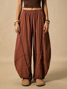 Easelle Vintage Western Boho Casual Retro Brown Curved Blade Design Women's Pants Edge Cutting Design  Fall Women Winter Clothes - Coffee Brown - View 3