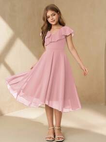 SHEIN Tween Girl Elegant Minimalist Fashion V-Neck Ruffle Collar Sleeveless High Waist Mid-Length Solid Color Chiffon Fabric Pink Dress, Summer Tween Girl Graduation Ceremony Wedding Flower Girl Dress - Pink - View 3