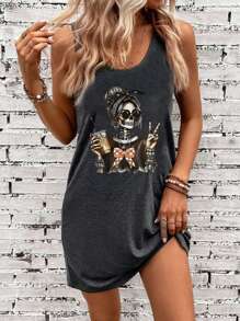 SHEIN LUNE 大码女式休闲骷髅印花圆领无袖连衣裙，适合夏季、万圣节