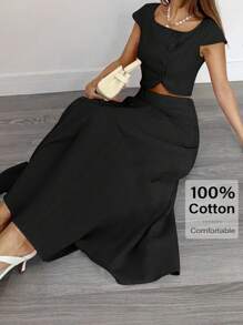 Siren Gaze Damen Set aus einfarbigem Fledermausärmel-Crop-Top mit asymmetrischem Saum und Mini-Rock, modisch