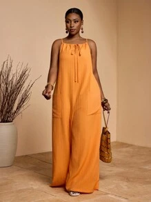 Slaydiva 2025新款独家度假休闲细肩带宽松连体裤，侧开衩，系带 - 橘色 - 查看 8