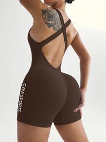 Slayform Mono deportivo ajustado sin mangas con estampado de letras y espalda cruzada para mujer - Café integral - Ver 7