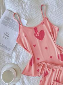 SHEIN 4 件套女士可爱心形印花吊带背心上衣和短裤睡衣套装 - 粉色 - 查看 5