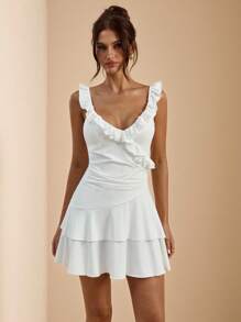 SHEIN BAE Weißes einfarbiges, sexy, tief ausgeschnittenes Rüschenkleid mit asymmetrischem Saum für Frauen, Urlaubskleid, Abschlusskleid, Brautjungfernkleid, Frühling/Sommer