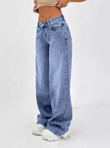 EURMUSE 100% Cotton LOW RISE WIDELEG CUT VINTAGE WASH Y2K BAGGY JEANS - Royal Blue - View 4