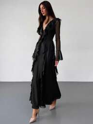 Aloruh שמלת רשת סרוגה שחורה עם צווארון V עמוק עם שרוול ארוך