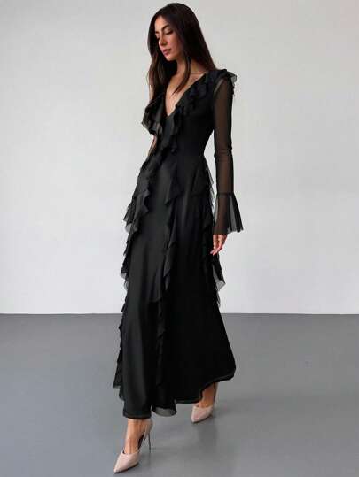 Aloruh Women's Fashion Elegant Arabic Style Long Sleeve Dress Black Knitted Dress Date Party Business Commuting Casual Simple Solid Color Dress Mesh Deep V Neck Sexy Ruffle Hem Romantic Dress Maxi Dress Bodycon Dress,Suitable For Spring And Summer,Graduation,Teacher Outfits For Women,Teacher Dress