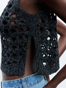 Maija 女士纯色圆领侧开衩短款镂空透视针织上衣，度假风格休闲商务装，露肩 - 深灰色 - 查看 6