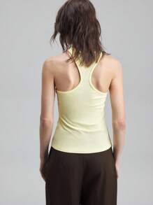 Ontre Top tipo tank de mujer con cuello redondo amarillo crema, corte geométrico, nueva para el verano 2025, elegante y romántica, versátil, de negocios y casual, adecuada para playa, boda, festival de música country, brunch, outfit para aeropuerto, top básico de hombros descubiertos de los 90