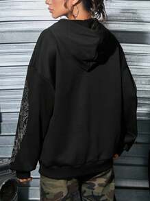 Attitoon Áo hoodie in họa tiết đồ họa tối giản, phong cách Punk Street cổ điển, rộng rãi, cỡ lớn dành cho nữ, mùa thu/đông - màu đen - Xem 3