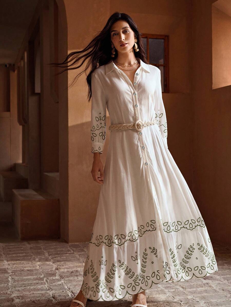 MOTF PREMIUM 夏季女士亚麻刺绣度假腰带衬衫裙