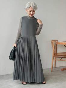 FRIFUL فستان كاجوال بياقة مستديرة وأكمام بلا أكمام، لون رمادي داكن، مزين بطيات في الذيل، مناسب للمكتب والأعمال الرسمية الكاجوال - رمادي غامق - مشاهدة 3