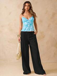 SHEIN BAE White Linen Low-Waist Loose Pants, Vacation Beach Trousers, Spring/Summer - Black - View 4
