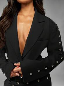 MISSGUIDED 银色铆钉长袖短款西装迷你夹克，带纽扣开合，正式晚会秋冬春时尚宣言单品，前卫设计