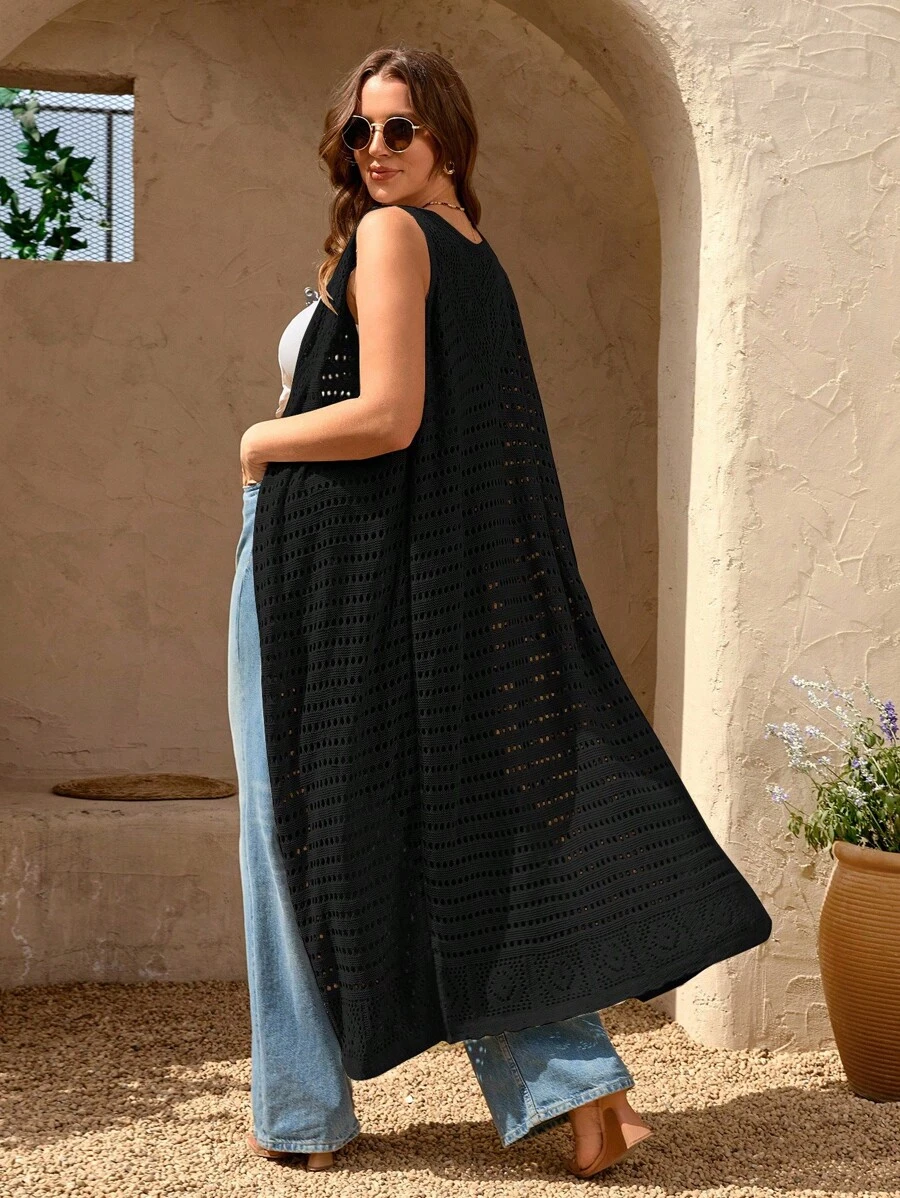 SHEIN Privé Plus Size Women Casual Elegant Vacation Beach Romantic Sleeveless Tie Front Maxi Cardigan, Versatile For Daily Wear, Spring/Fall,Fall Clothes For Women Autumn