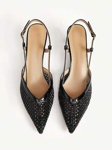 CUCCOO CHICEST 女士秋冬新款闪亮水晶网眼拼接V型尖头猫跟斜跟优雅奢华浪漫性感时尚哥特风黑色仿皮网眼高跟凉鞋，适合正式场合、下午茶、约会、派对、婚礼、晚宴、夜店、万圣节、圣诞节、感恩节、生日等场合。 - 黑色 - 查看 10