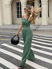 SHEIN Frenchy Women's Solid Color Asymmetric Collar Wide Leg Loose Jumpsuit Elegant Chic Summer Green Green - Green - View 3