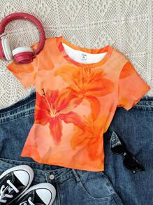 SHEIN Leap Crew 3pcs/Set Teen Girls Casual Chill Vacation Tropical Floral Print Crew Neck Short Sleeve Crop Top, Suitable For Summer Flower Tops Floral Tops Hibiscus Shirts Lily Shirts Girls Summer Tops - Multicolor - View 4