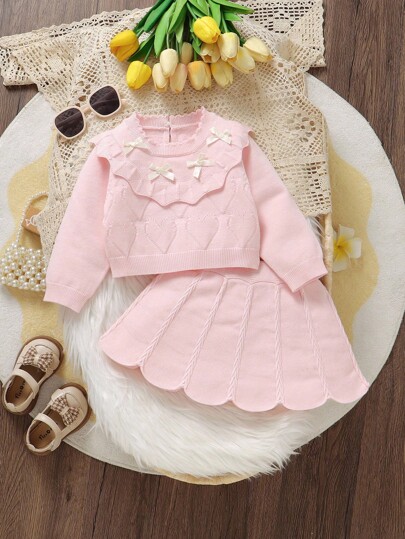 SHEIN Baby Girls Casual And Cute Pink Knitted Short Sweater With Bow And Knitted Short Skirt, Soft And Comfortable, Suitable For Daily Scenes, Suitable For Scenes, Suitable For Traveling Scenes, Suitable For Vacation Scenes, Suitable For Home Scenes, Suitable For Nursery Scenes, Suitable For Children To Play. Wear Versatile Long-Sleeved Clothes For Spring, Autumn And Winter, Festival Baby Girls Clothes