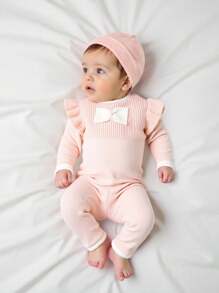 SHEIN Bộ đồ liền thân dệt kim nơ hồng dễ thương cho bé gái, mềm mại và thoải mái, thích hợp mặc hàng ngày, ngoài trời, du lịch, nghỉ mát, ở nhà, nhà trẻ và chơi đùa với bé gái - Màu Hồng baby - Xem 4