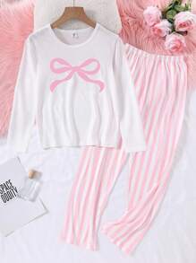 Set de 2 piezas de pantalones casuales a rayas y blusa de manga larga con estampado de moño, ropa cómoda para estar en casa - Multicolor - Ver 5