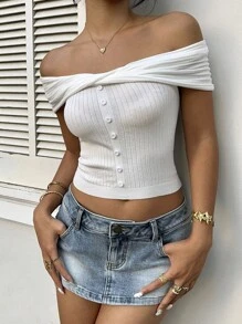 SHEIN EZwear Einfarbiges, tailliertes, kurzes Strickoberteil mit Off-Shoulder - Weiss - Übersicht 5