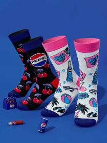 PEPSI X SHEIN 2 Pairs Soft & Breathable Moisture-Wicking Casual Women Crew Socks Fashionable And Cute Cherry Black Crew Socks Reinforced Toe & Heel For Durability All Season All-Match Summer Winter - Multicolor - View 2