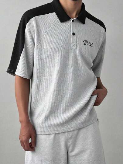 SHEIN 青少年男孩撞色插肩袖拼接半襟短袖休闲 Polo 衫