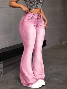 SHEIN EZwear 女式纯色牛仔长裤，休闲时尚，适合日常穿着 - 粉色 - 查看 3