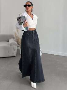 EURMUSE 休闲洗水高腰长款牛仔裙