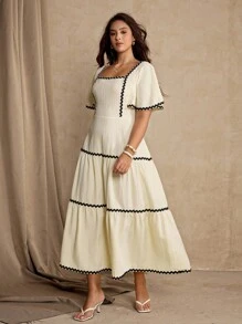 Roveilla 大码女式优雅拼色缎带饰腰中长连衣裙 - 杏色 - 查看 5