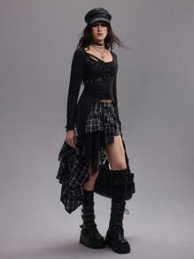 ROMWE Grunge Punk 夏季海滩毕业复活节裙子女音乐会纳什维尔节摇滚铆钉水钻肩带无袖格子复古 Y2K 拼布红蓝蕾丝网眼街头不对称下摆低腰女裙 - 黑色 - 查看 8