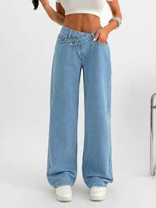 EURMUSE High Waist Asymmetric Belt Straight Jean Y2k - Medium Wash - View 4