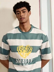 SWAVVY 男士夏季字母条纹圆领短袖休闲T恤 - 彩色 - 查看 5