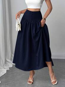 Firerie 全新休闲百搭仿亚麻喇叭裙 夏季度假波西米亚风优雅休闲裙 - 藏蓝色 - 查看 4